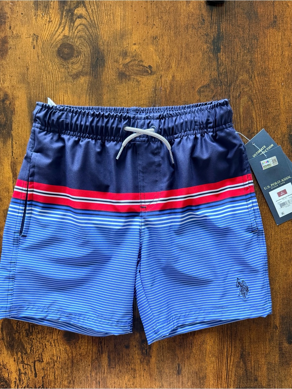 U.S. Polo Assn. Navy, Light Blue & Red Boys' Striped Swim Trunks Size Small